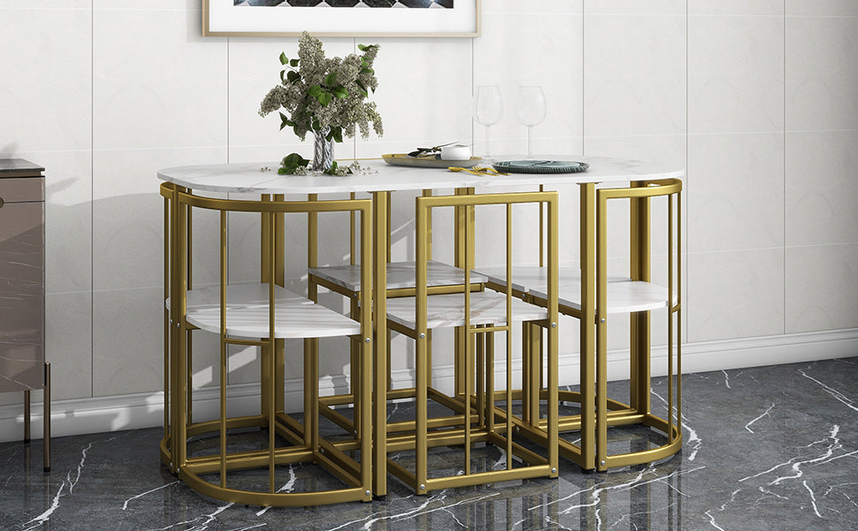 TOPMAX Modern 7-Piece Dining Table Set with Faux Marble Compact 55Inch Kitchen Table Set for 6 Golden+White
