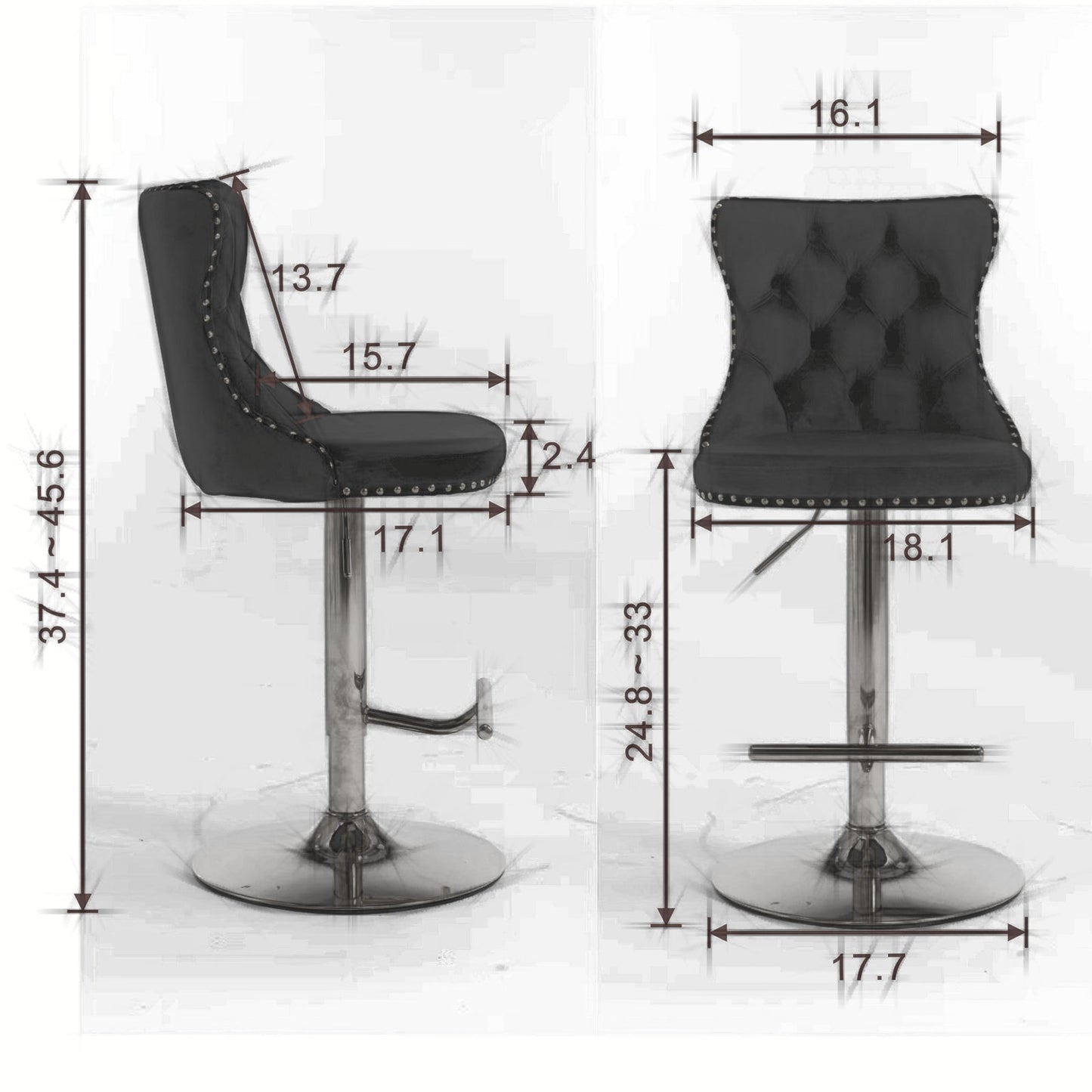 (Gray,Set of 2) 25-33 Inch, Modern Upholstered Chrome base Bar Stools with Backs Comfortable Tufted for Home Pub and Kitchen