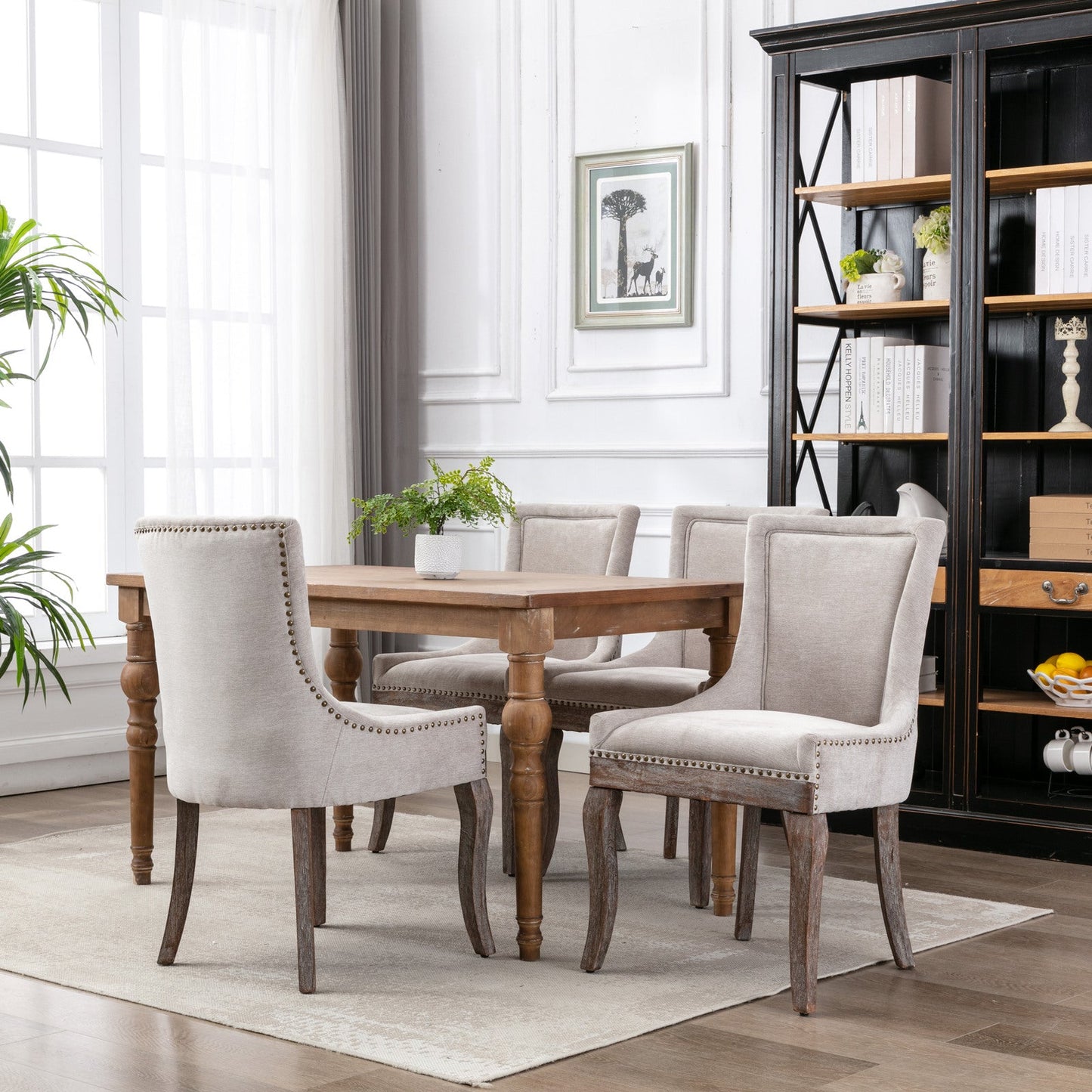 Ultra Side Dining Chair Thickened fabric chairs with neutrally toned solid wood legs Bronze nail head Set of 2 Beige