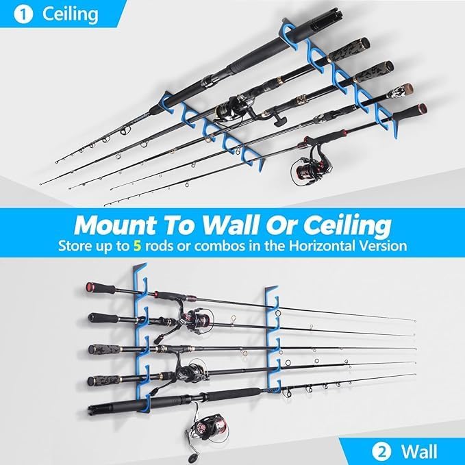 PLUSINNO Fishing Backpack with Rod Holders & Cooler H5 Horizontal Fishing Rod/Pole Holders for Garage, Wall or Ceiling Mounted Fishing Rod Rack