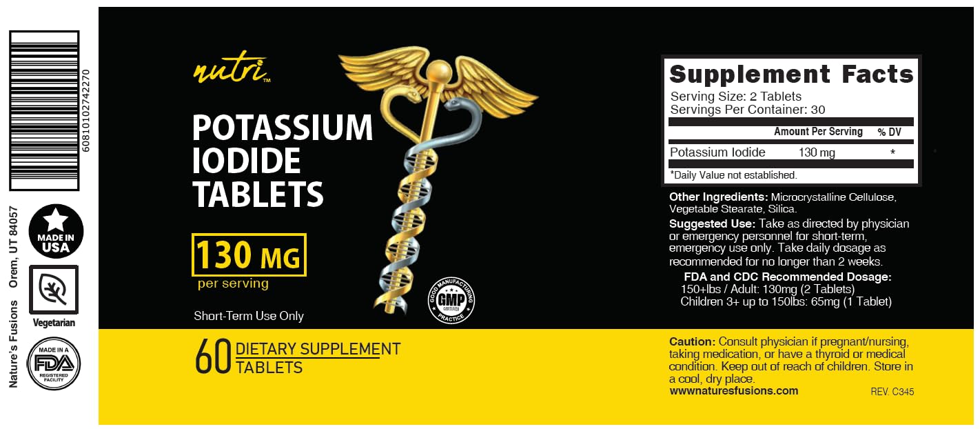 Nature's Fusions Potassium Iodide Tablets, Pack of 5-130mg - 300 Tablets EXP 10/2032 - YODO Naciente - KI Pills - Yoduro de Potasio