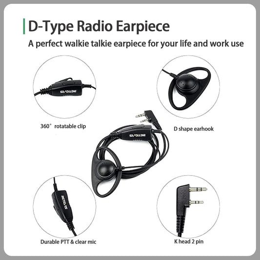 Retevis Case of 10, Walkie Talkies Earpiece with Mic 2 Pin D-Type Headset for H-777 RT22 RT21 RT86S, Compatible with Pxton Kenwood Baofeng BF-888S Walkie Talkies, Walkie Talkie Earpiece(10 Pack)