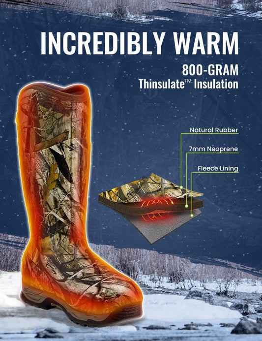 TIDEWE Rubber Hunting Boots, Waterproof Insulated Next Camo G2 Warm Rubber Boots with 7mm Neoprene, Sturdy Outdoor Hunting Boots for Men (800g Insulated & Standard, Size 6-14)