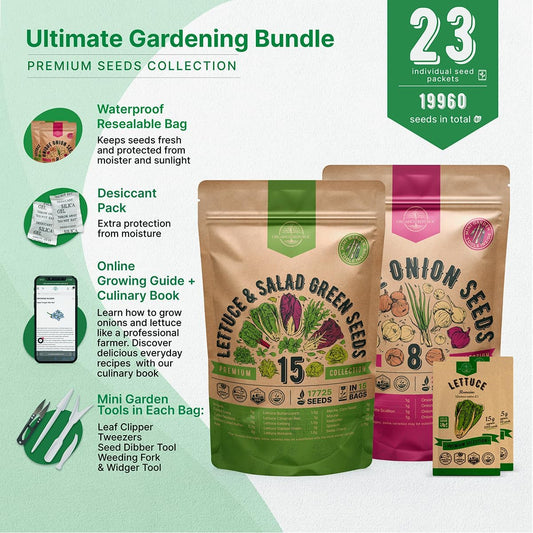 Organo Republic 15 Lettuce & Greens and 8 Onion Seeds Variety Pack Bundle, 19,975+ Non-GMO Heirloom Garden Seeds for Planting Lettuce, Greens, and Onions for Indoor & Outdoor Gardening