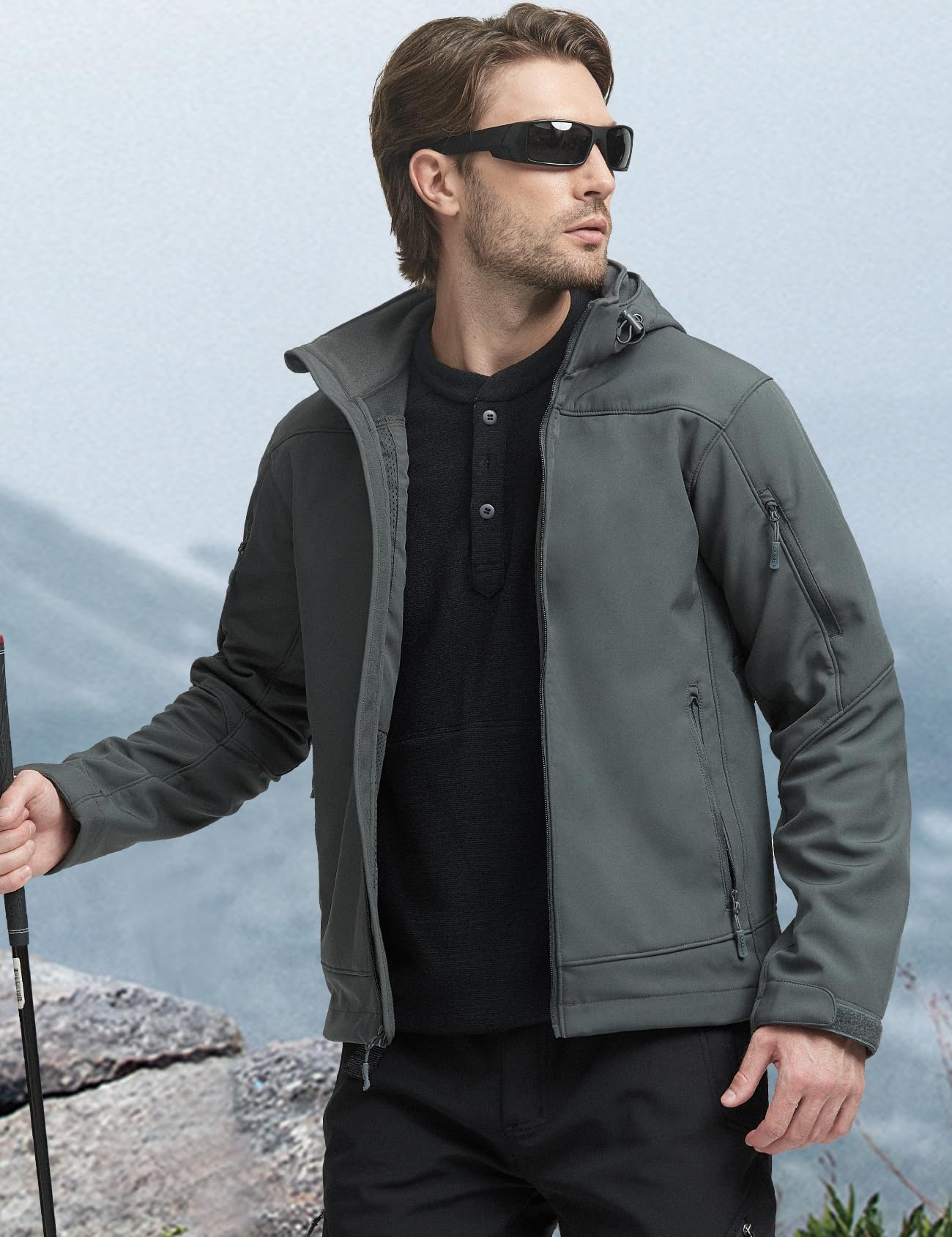 FREE SOLDIER Men's Softshell Hiking Jacket Waterproof Hooded Tactical Hunting Jacket