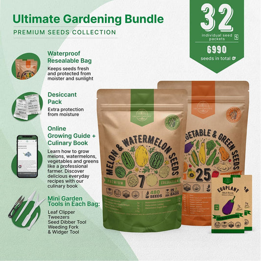 7 Melons and 25 Summer Vegetable & Greens Seeds Variety Pack Bundle, 7,000+ Non-GMO Heirloom Garden Seeds for Planting Vegetables and Melons for Indoor & Outdoor Gardening