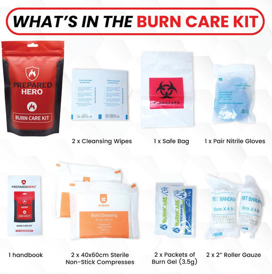 Prepared Hero Burn Care Kit - Compact Burn Treatment & Relief Kit with Burn Gel, Gauze, Compresses & Wipes, Waterproof Pouch for Minor Burn First Aid at Home, Travel, Outdoor & Workplace Safety