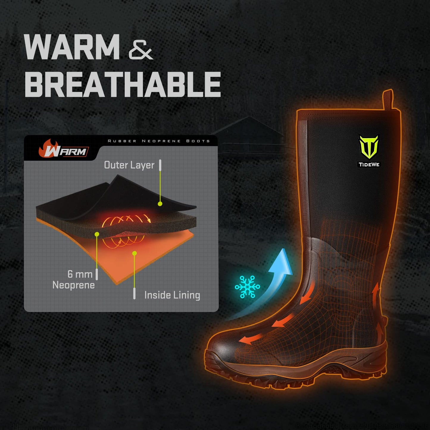 TIDEWE Rubber Neoprene Boots Men And Women, Waterproof Sturdy 6mm Neoprene Boot, Rain Boot Hunting Boot Arctic Outdoor Boot(Black, Brown & Next Camo G2)