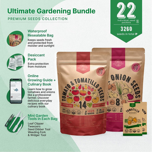 Organo Republic 14 Tomato Seeds & 8 Onion Seeds Variety Pack Bundle, 3,200+ Non-GMO Heirloom Garden Seeds for Planting Tomatoes and Onions for Indoor & Outdoor Gardening