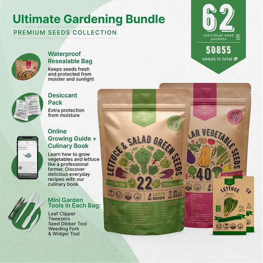 22 Lettuce & Salad Greens & 40 Vegetable Seeds Variety Pack Bundle, 50,700+ Non-GMO Heirloom Seeds for Planting Vegetables, Lettuce, and Salad Greens for Indoor & Outdoor Gardening
