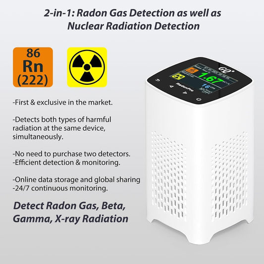 GQ Radon Pro 2-in-1 Radon and Nuclear Radiation Detector | Geiger Counter | Fast, Accurate Detection | Simple Color Display | USA Product | Real-time Data App | Data Sharing