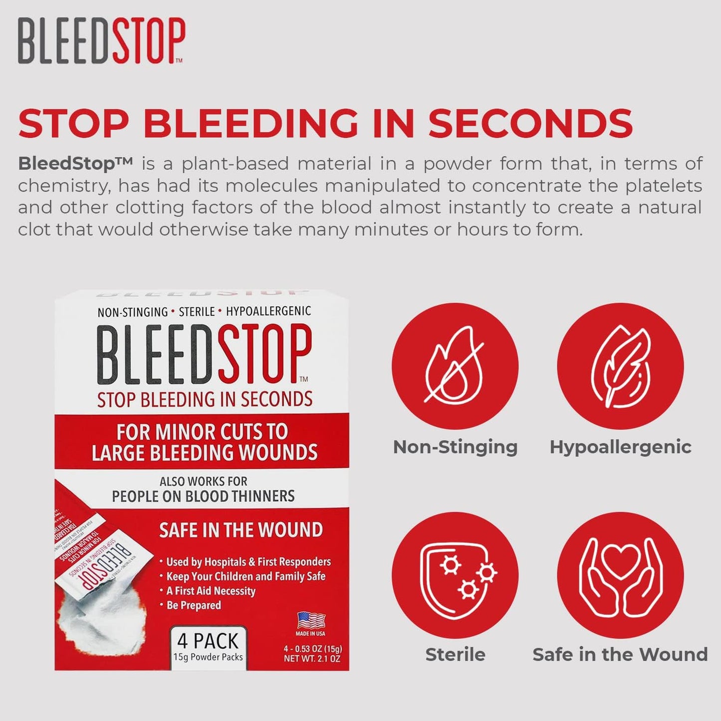 BleedStop™ First Aid Powder for Blood Clotting (4x15g, Pouches) and BleedClot Pet First Aid (5 oz, 1 Pouch)