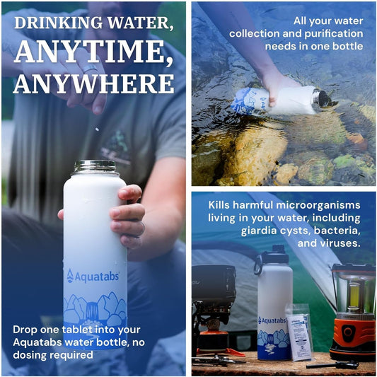 Aquatabs Insulated Stainless Steel Water Purifier Water Bottle with 100 Water Purification Tablets, BPA Free Water Purification Bottle Alternative to Filtered Water Bottle.