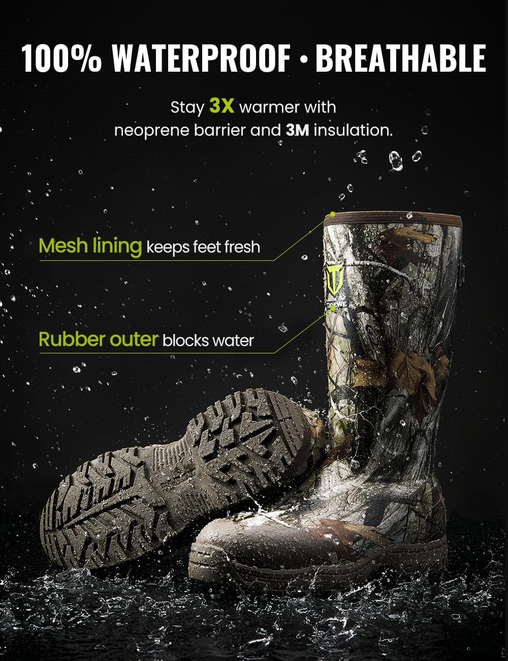 TIDEWE Men's Hunting Boots, Odor-Control Lining, 600g Warmth, Waterproof Insulated Rubber Boots with 5mm Neoprene, Lightweight EVA Outsole, Adjustable Calf Gusset, Slip-Resistant Grip