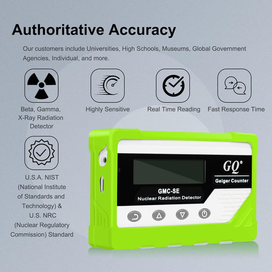 GQ GMC-SE Geiger Counter Radiation Detector Beta Gamma X-ray Portable Radiation Monitor Meter Digital Nuclear Radiation Dosimeter, Automatic Data Recording Device, Drop-Proof Silicone Case (Green)