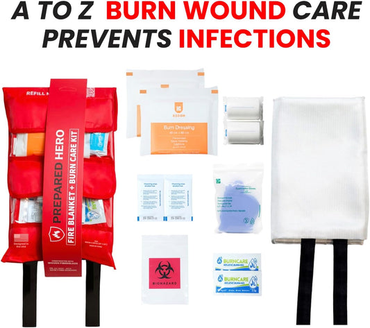 Fire Blanket Emergency Kit with Burn Gel First Aid Supplies - Prepared Hero 2-in-1 Kitchen Fire Suppression Blanket 1076°F & Complete Burn Treatment Kit - Home, RV, Camping Safety - CE Certified