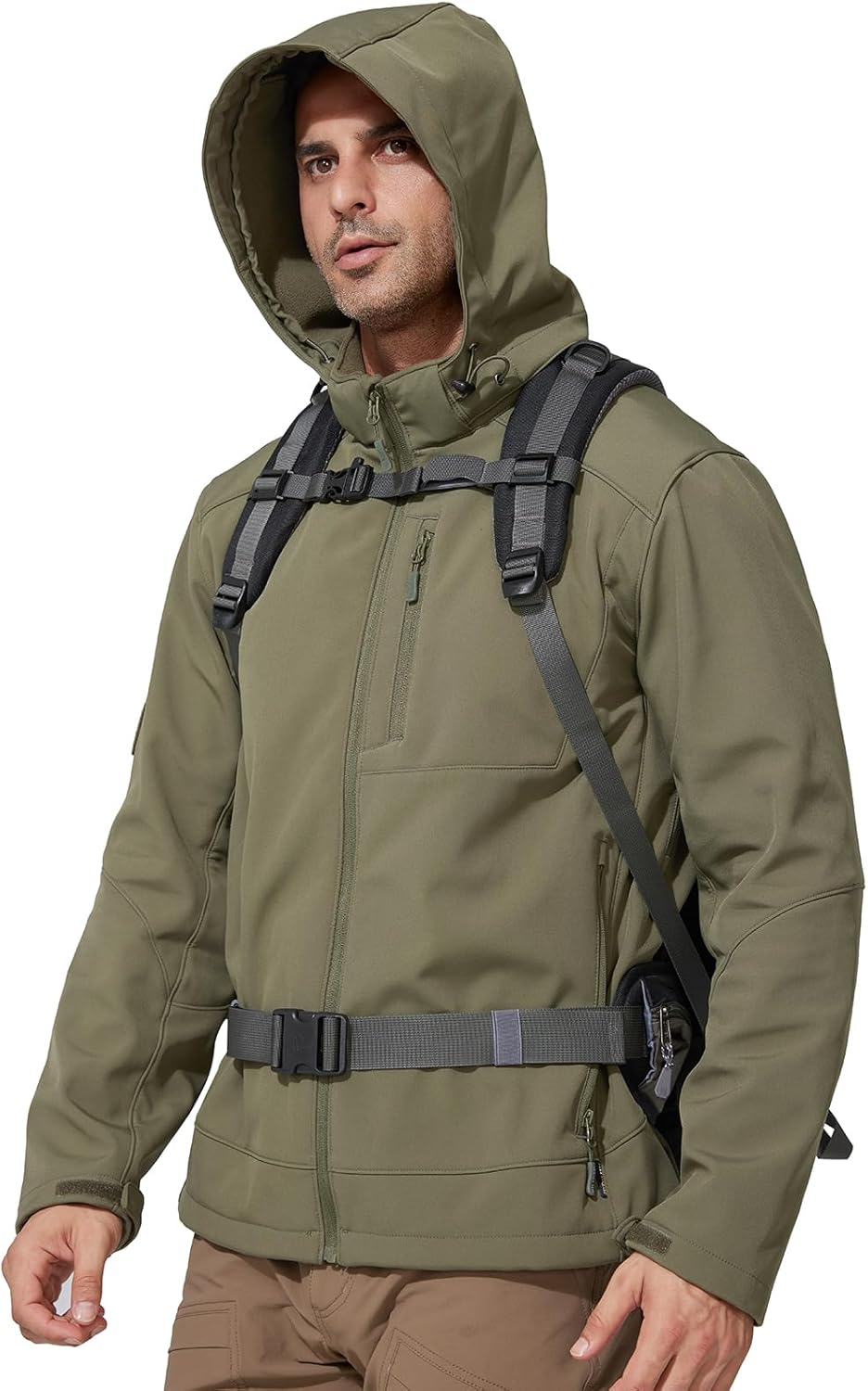 FREE SOLDIER Men's Lightweight Softshell Jacket Winter Fleece Lined Hooded Rain Waterproof Hiking Outdoor Jackets (Brown,L)