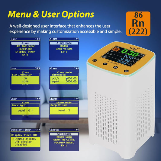 GQ Radon Detector Radonscan Home Radon Monitor Alpha Radiative Gas Radiation USA Product Large Color Display Short and Long Term continuously Monitor Accurate Fast Sensitive Data Saving