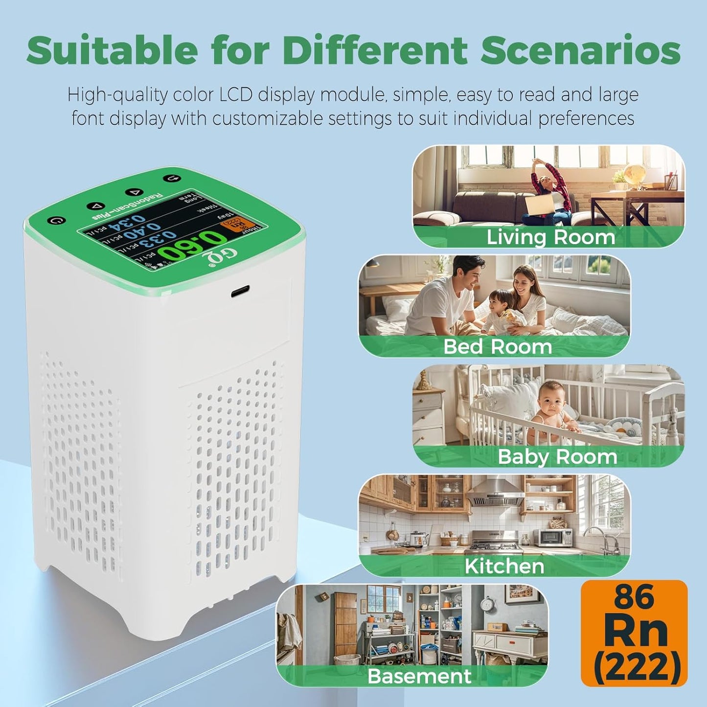 Remote Monitoring GQ RadonScan-Plus Radon Gas Digital Detector Worldwide Fast Accurate Detection Simple Big Display USA Product Real-time Data App Online Data Logging & Sharing