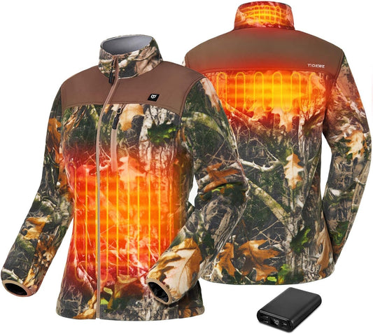 TIDEWE Women’s Heated Jacket Fleece with Battery Pack, Rechargeable Coat for Hunting (Black, Camo, Size S-XXL)