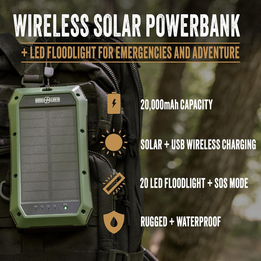 Ready Hour Wireless Solar PowerBank 20000mAh, Rugged Off Grid Backup with 20 LED Room Light, USB C, Wireless Charging and SOS Mode