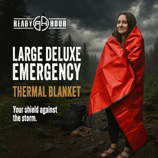 Ready Hour Thermal Survival Blanket 50” x 79” Lightweight, Waterproof, Windproof, Reflective Blanket for Camping, Hiking, and Emergency Preparedness