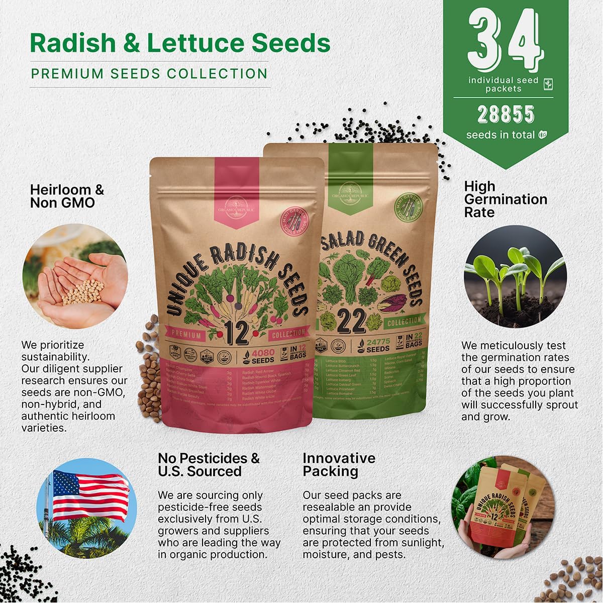 Organo Republic 12 Radish and 22 Lettuce & Salad Greens Seeds Variety Pack Bundle, 27,100+ Non-GMO Heirloom Garden Seeds for Planting Radishes, Lettuce, and Salad Greens for Indoor & Outdoor Gardening
