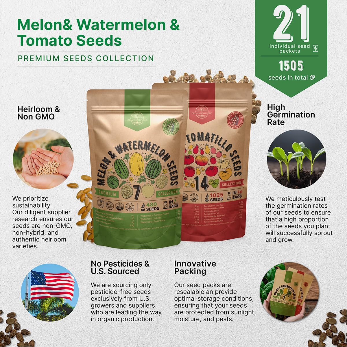Organo Republic 7 Melon Seeds and 14 Tomato Seeds Variety Pack Bundle, 1,025+ Non-GMO Heirloom Garden Seeds for Planting Melons and Tomatoes for Indoor & Outdoor Gardening