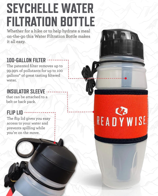 ReadyWise - 28 Oz, Seychelle Water Filtration Bottle, Hiking, Backpacking and, Camping Water Bottle, BPA-Free, Prepper Gear and Supplies, Gray/Black