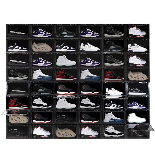 Ollie XL Shoe Storage Boxes – Foldable and Stackable Shoe Storage Organizer – Black Hard Plastic Big Shoe Storage Box For Up to Size 13 – Acrylic Shoe Box for Jordan, Sneakers, Boots (Black, 24-Pack)