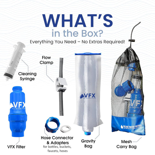 VFX All-in-One Portable Water Filter – Survival Water Purifier for Camping, Hiking, Backpacking, and Emergency Preparedness with Gravity System