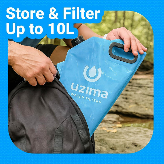 Uzima D-Prep Plus Emergency Water Filtration & Storage System – 10L Collapsible Gravity Water Storage Container with UZ-1 Filter for Safe Drinking – Portable Survival & Camping Bladder