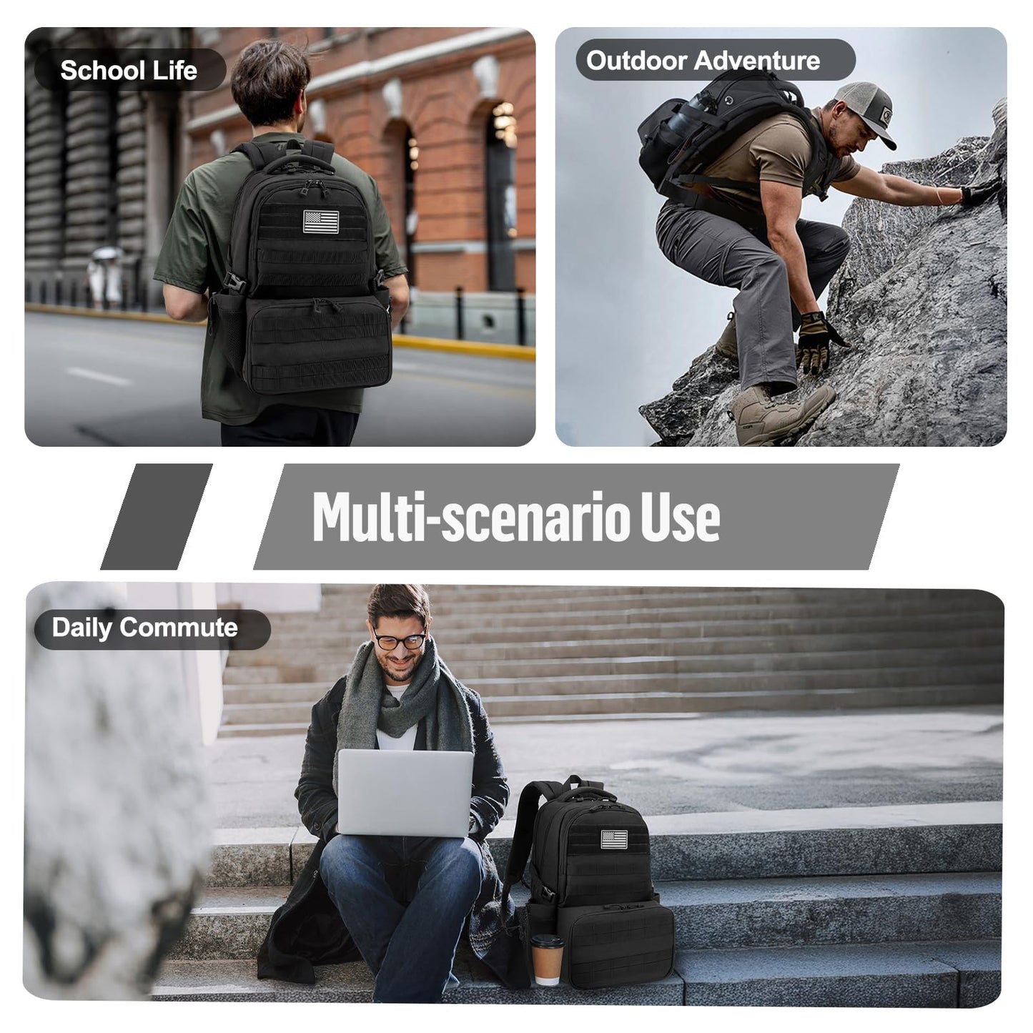 Jueachy Tactical Backpack with Lunch Box for Men: Laptop Compartment Bookbag with lunchbox for Work School for Women Mens Black