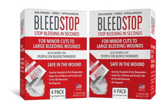 BleedStop™ First Aid Powder for Blood Clotting, Trauma Kit, Blood Thinner Patients, Camping Safety, and Survival Equipment for Moderate to Severe Bleeding Wounds or Nosebleeds - 4 (15g) Pouches