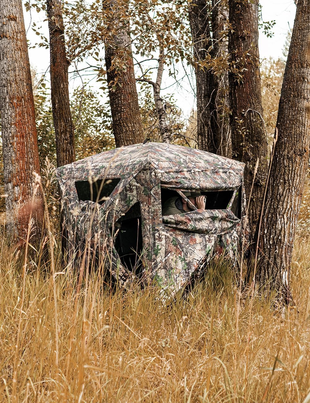 TIDEWE Hunting Blind 270°Full See Through with Windproof Curtain, Silent Magnetic Door & Sliding Windows, 2-3 Person Pop Up Ground Blind with Carrying Bag, 300D Portable Tent