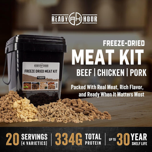 Ready Hour Freeze-Dried Meat Kit (20 Servings), Emergency Supply, Prepper Supply, Protein Source, Emergency Food, Prepper Survival Kit, Bulk Meat, Shelf-Stable, Long-Term Storage