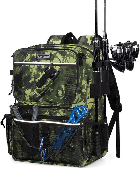 BAVGRED Fishing Backpack with Removable Bait Binder, Large Water Resistant Tackle Bag Storage Gear and Equipment for Fishing, Camping, Hiking, Grey