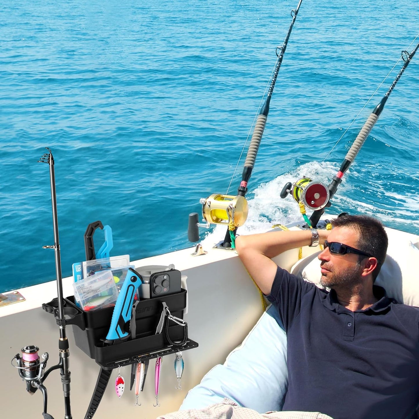 PLUSINNO Boat Cup Holder, Boat Caddy Organizer with Fishing Rod Holder, Multifunctional Boat Storage Organizer for Fishing Accessories, Boat Accessories for Jon Fishing Boat, Kayak, Paddle Boards