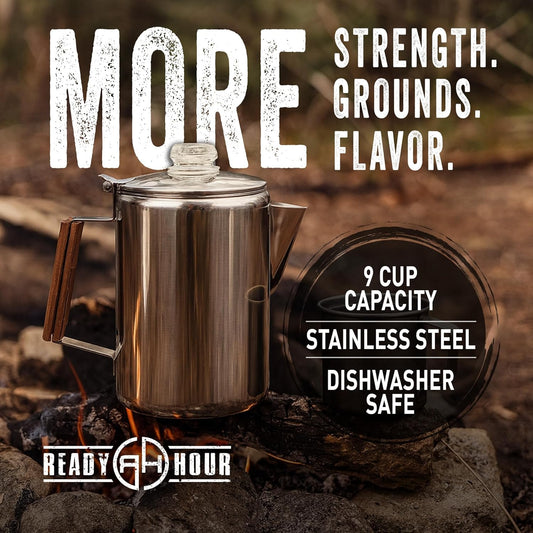 Ready Hour 9 Cup Stainless Steel Coffee Pot | Stovetop Percolator | Coffee Maker for Everyday Use, Camping Trips, and Off-Grid Preparedness