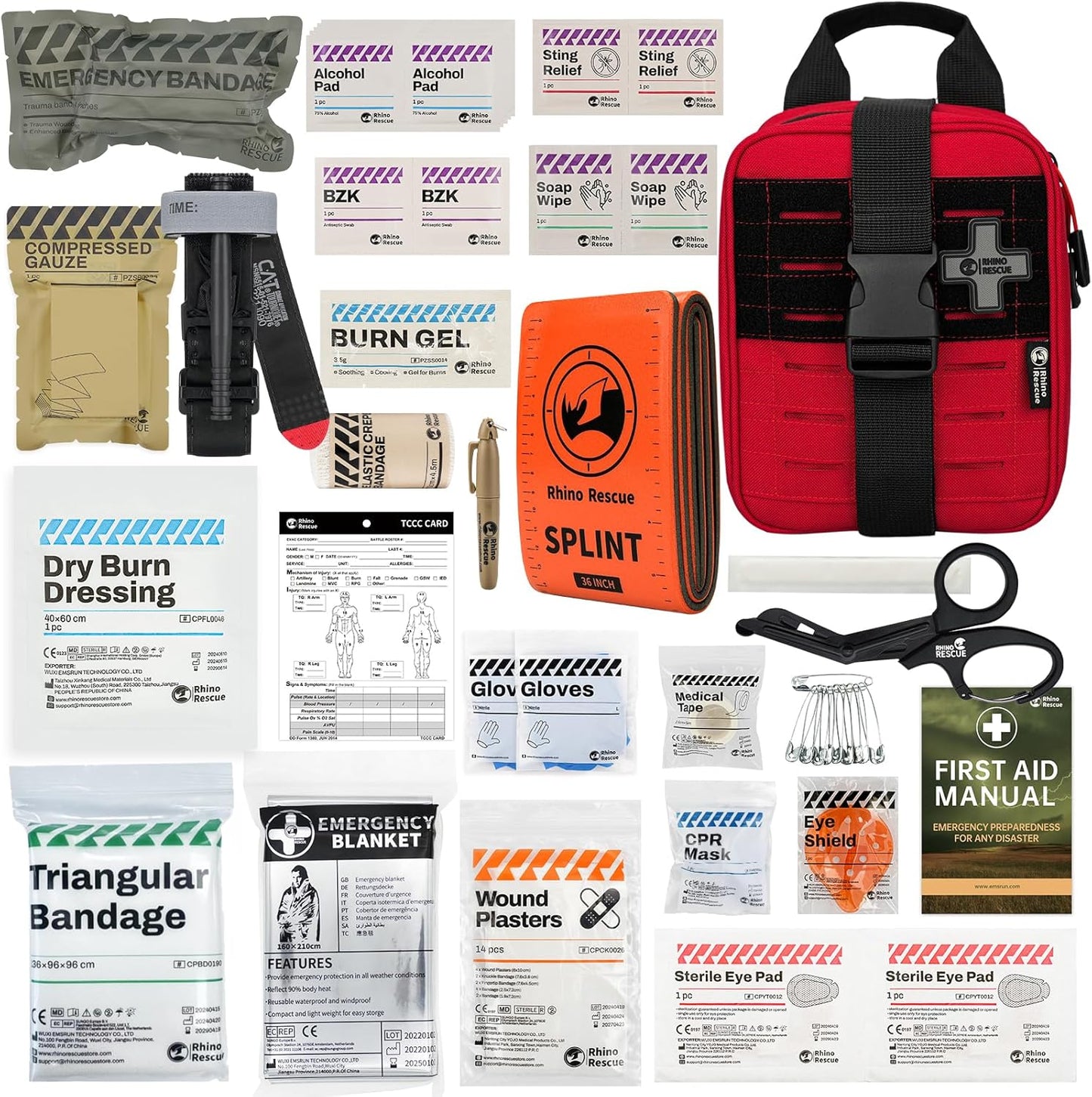 RHINO RESCUE Sterile Compressed Gauze for Emergency Wound Dressing+IFAK Trauma Kit with C-A-T Tourniquet for Wound Care (BSC, Red)