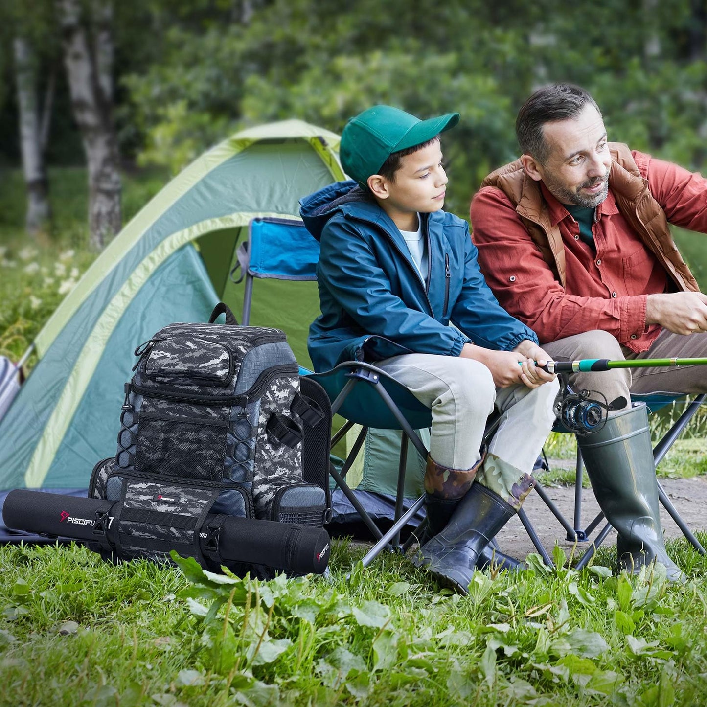 Piscifun Fishing Tackle Backpack with Rod Holders & 4 Tackle Boxes, 42L Outdoor Fishing Bag with Waterproof Rain Cover