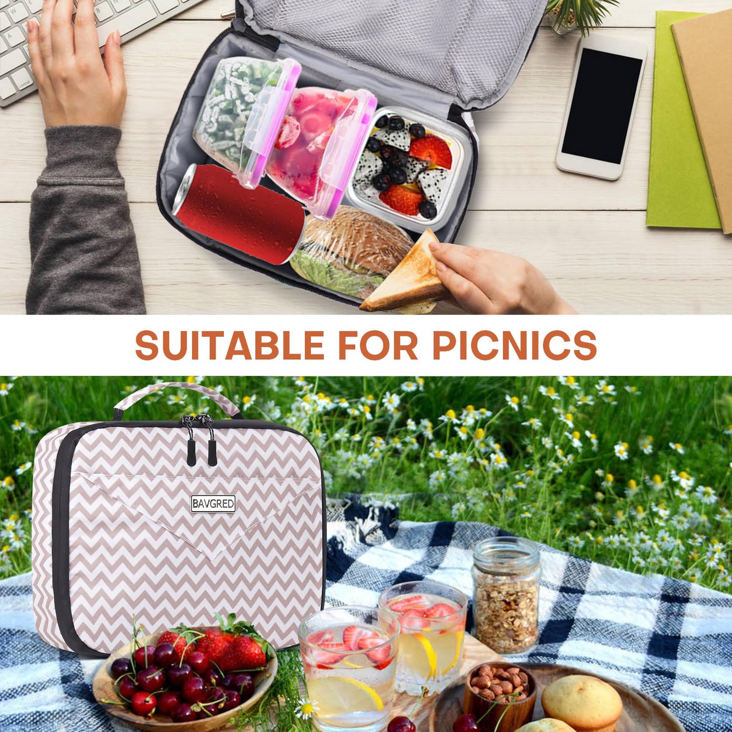 BAVGRED Lunch Box Insulated Soft Lunch Bag, Freezable and Reusable Mini Cooler, Thermal Meal Tote Containers with Exterior & Interior Pockets for Work, Outdoor Meal