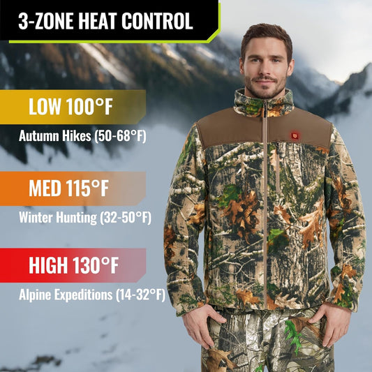 TIDEWE Heated Jacket Pro for Men, Rechargeable Battery-Powered Fleece Coat for Hunting (Black, Camo, Size S-XXXL)