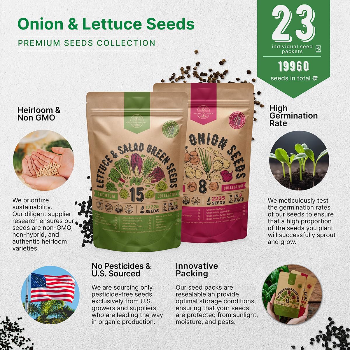 Organo Republic 15 Lettuce & Greens and 8 Onion Seeds Variety Pack Bundle, 19,975+ Non-GMO Heirloom Garden Seeds for Planting Lettuce, Greens, and Onions for Indoor & Outdoor Gardening