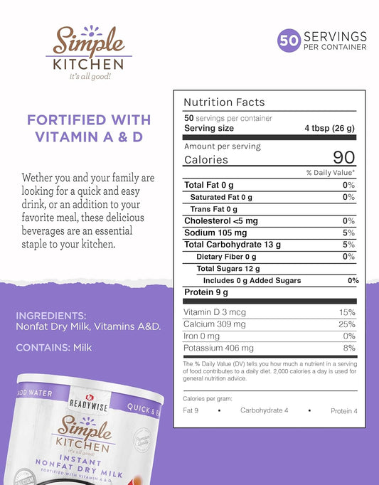 Simple Kitchen Instant Nonfat Dry Milk Powder - 50 Servings #10 Can, Non Fat Powdered Milk Bulk, Dried & Vitamin D Fortified, Daily Use & Emergency Food Long Term Storage, up to 25 Year Shelf Life