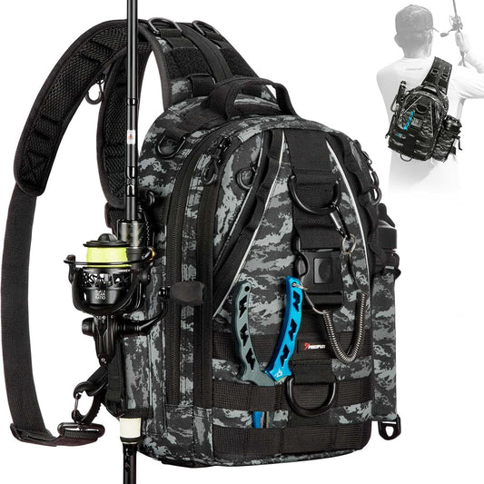 Piscifun Fishing Backpack with Rod Holder, Lightweight Sling Bag Storge Gear and Equipment