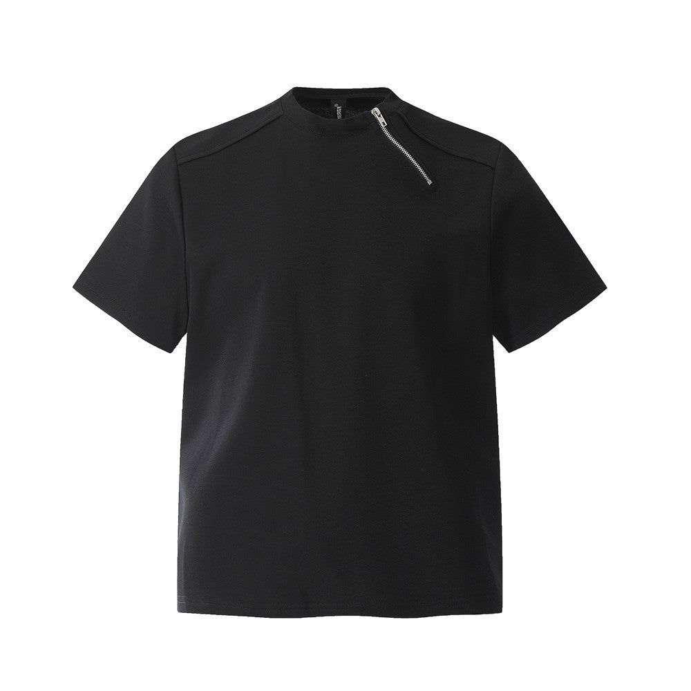 Zipper Design Heavyweight Short Sleeve T-Shirt Men's Loose Round Neck Half Sleeve Tee