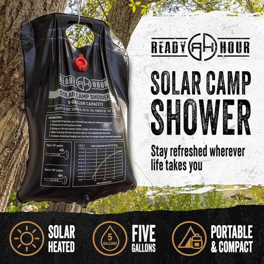 Ready Hour 5 Gallon Camp Shower, Portable Solar Shower Bag for Camping, Off Grid, Emergency Use Gravity Fed 104°F Heating Survival Hygiene for Outdoors and Disaster Preparedness