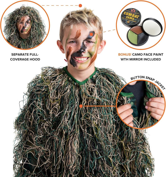 Arcturus Ultra-Lite Kids Ghillie Suit | Includes 3-Color Camo Face Paint| Halloween Costume - Army | Sniper | Bush Costume | Hunting & Airsoft for Children