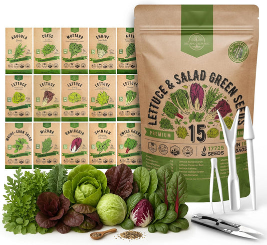 Organo Republic 22 Lettuce & Salad Greens Seeds Variety Pack 24,700+ Non-GMO Heirloom Lettuce Seeds for Indoor & Outdoor Garden, Hydroponics, Aerogarden - Arugula, Kale, Spinach, Swiss Chard, Lettuce